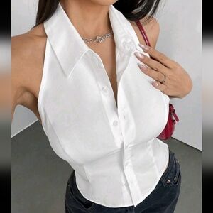 Women's Solid Color Single-Breasted Backless Double Tie Neck Sleeveless Top